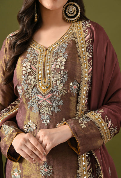 Purplish Brown Tissue Silk & Organza Gotta–Mirror–Zardozi–Applique Sharara Set