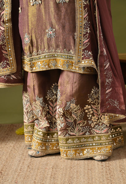 Purplish Brown Tissue Silk & Organza Gotta–Mirror–Zardozi–Applique Sharara Set