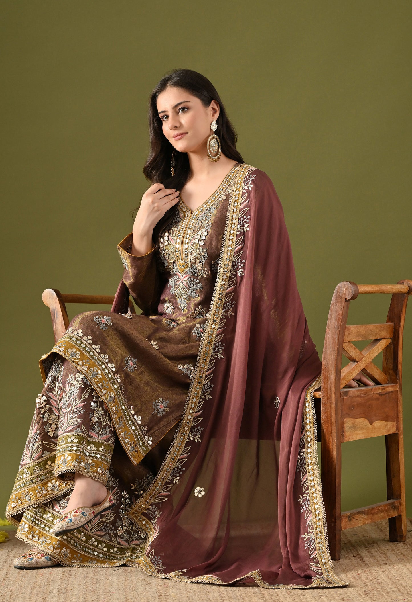 Purplish Brown Tissue Silk & Organza Gotta–Mirror–Zardozi–Applique Sharara Set