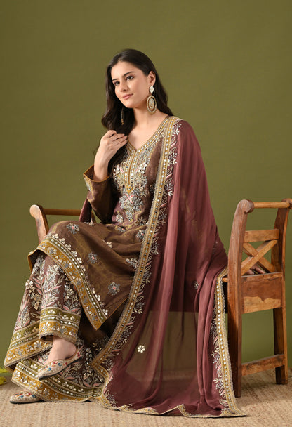 Purplish Brown Tissue Silk & Organza Gotta–Mirror–Zardozi–Applique Sharara Set