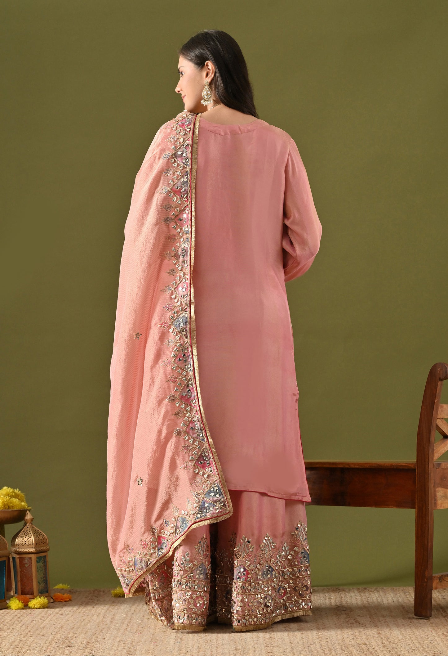 Carrot Pink Tissue Silk & Organza Gotta–Mirror–Zardozi–Applique Sharara Set