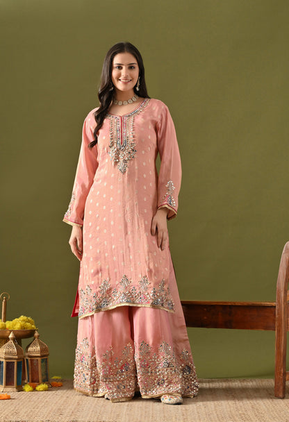 Carrot Pink Tissue Silk & Organza Gotta–Mirror–Zardozi–Applique Sharara Set