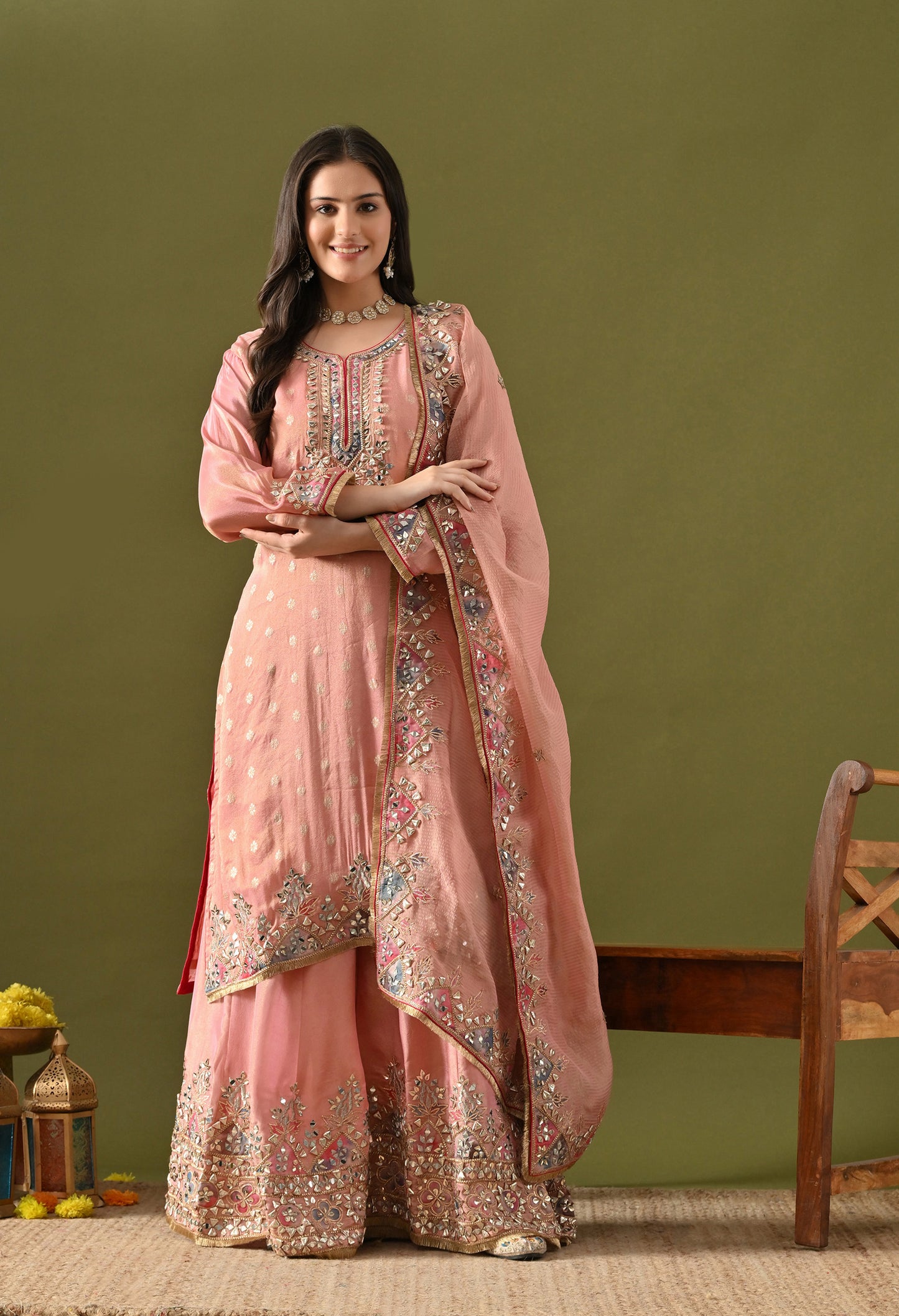 Carrot Pink Tissue Silk & Organza Gotta–Mirror–Zardozi–Applique Sharara Set