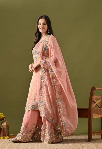 Carrot Pink Tissue Silk & Organza Gotta–Mirror–Zardozi–Applique Sharara Set