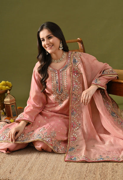 Carrot Pink Tissue Silk & Organza Gotta–Mirror–Zardozi–Applique Sharara Set