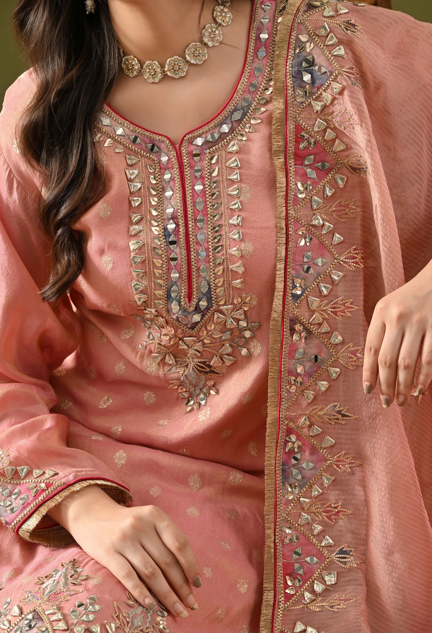Carrot Pink Tissue Silk & Organza Gotta–Mirror–Zardozi–Applique Sharara Set