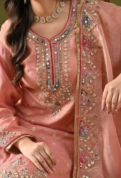 Carrot Pink Tissue Silk & Organza Gotta–Mirror–Zardozi–Applique Sharara Set