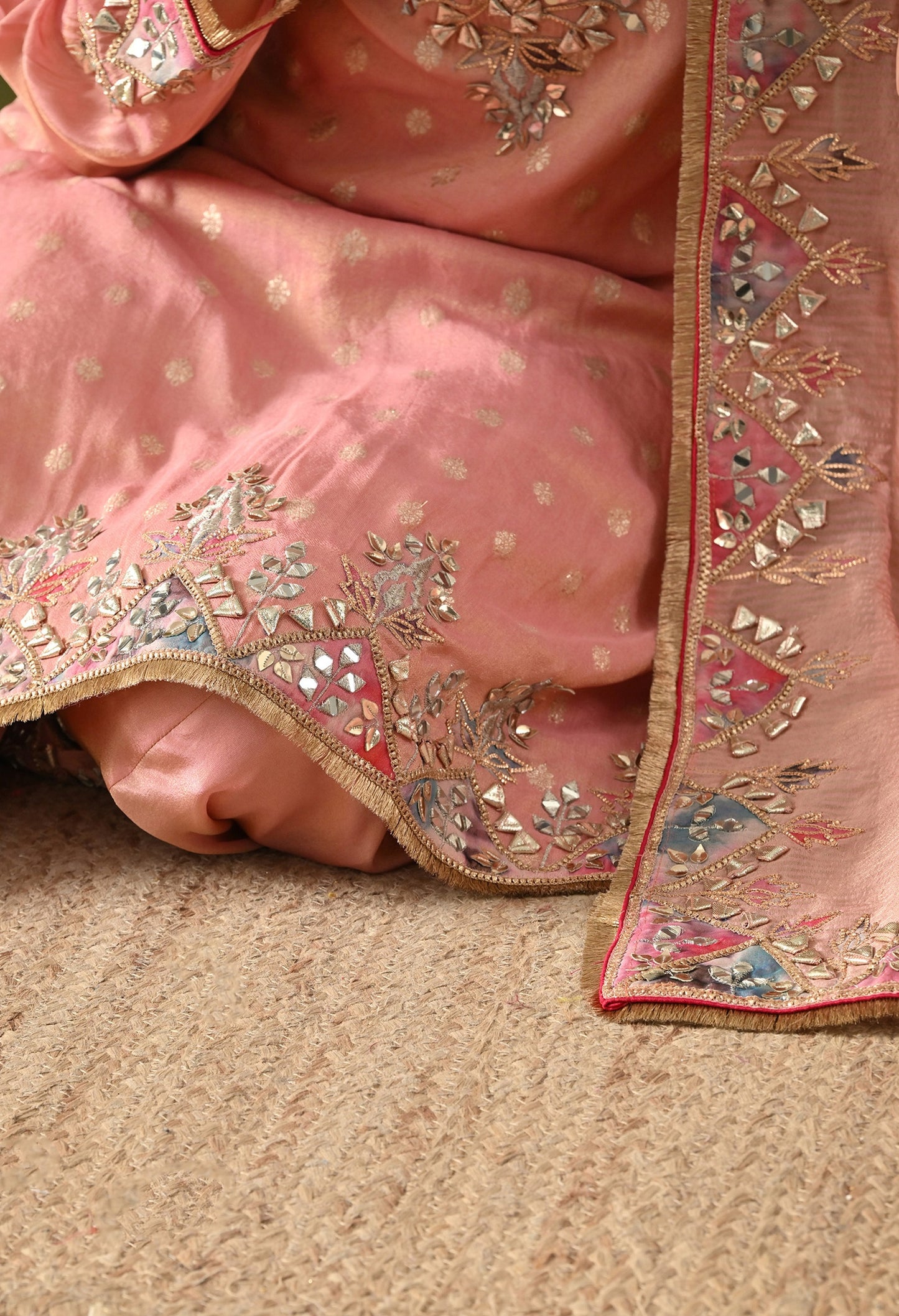 Carrot Pink Tissue Silk & Organza Gotta–Mirror–Zardozi–Applique Sharara Set