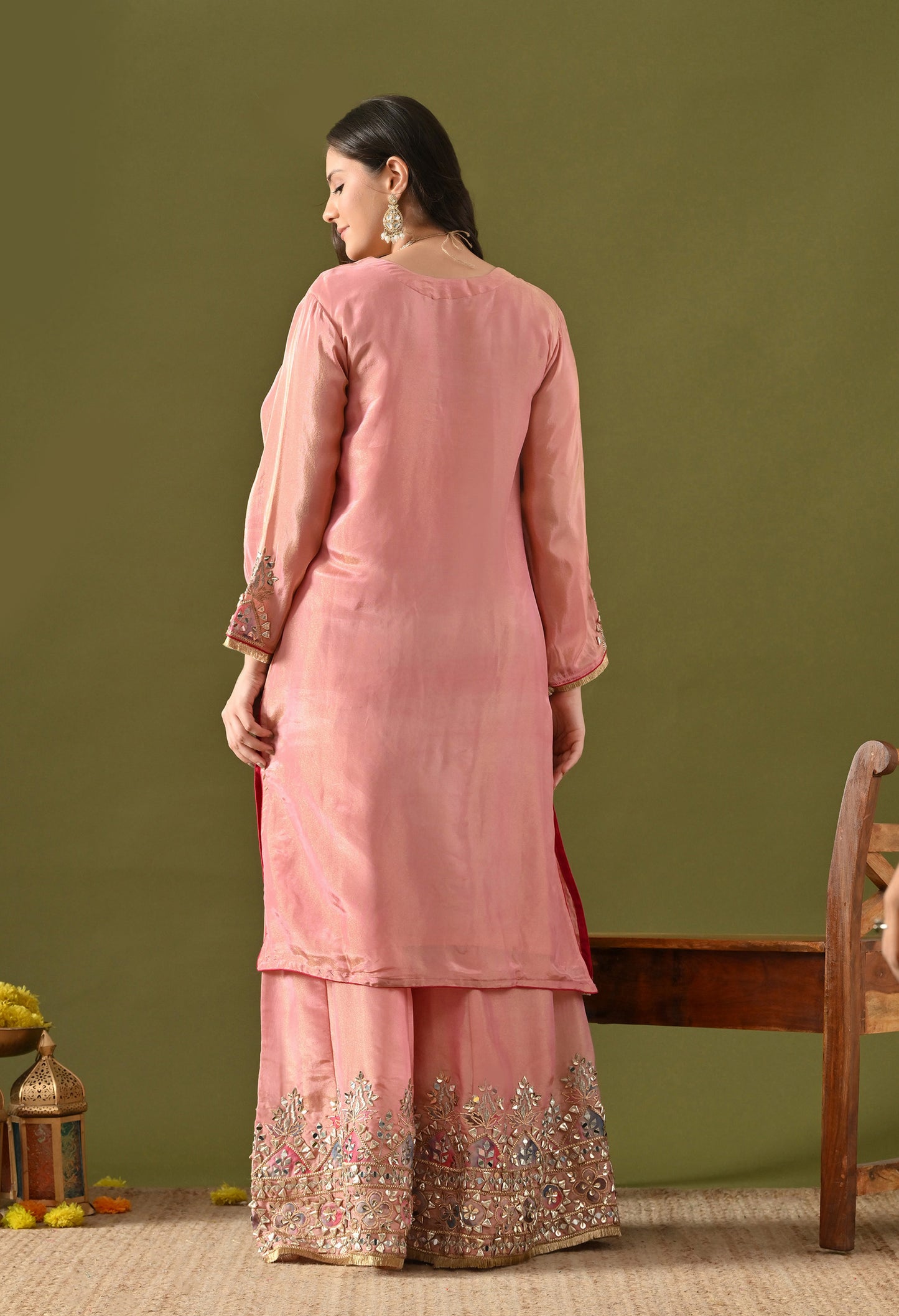 Carrot Pink Tissue Silk & Organza Gotta–Mirror–Zardozi–Applique Sharara Set