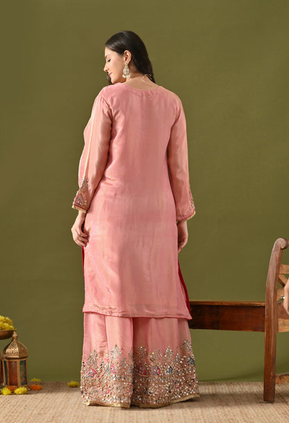 Carrot Pink Tissue Silk & Organza Gotta–Mirror–Zardozi–Applique Sharara Set
