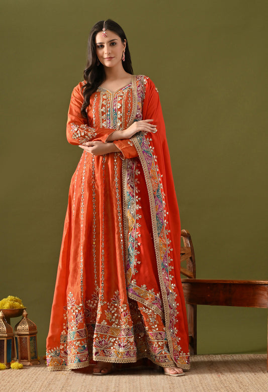 Orange Tissue Silk & Organza Gotta–Applique–Zardozi Anarkali Set
