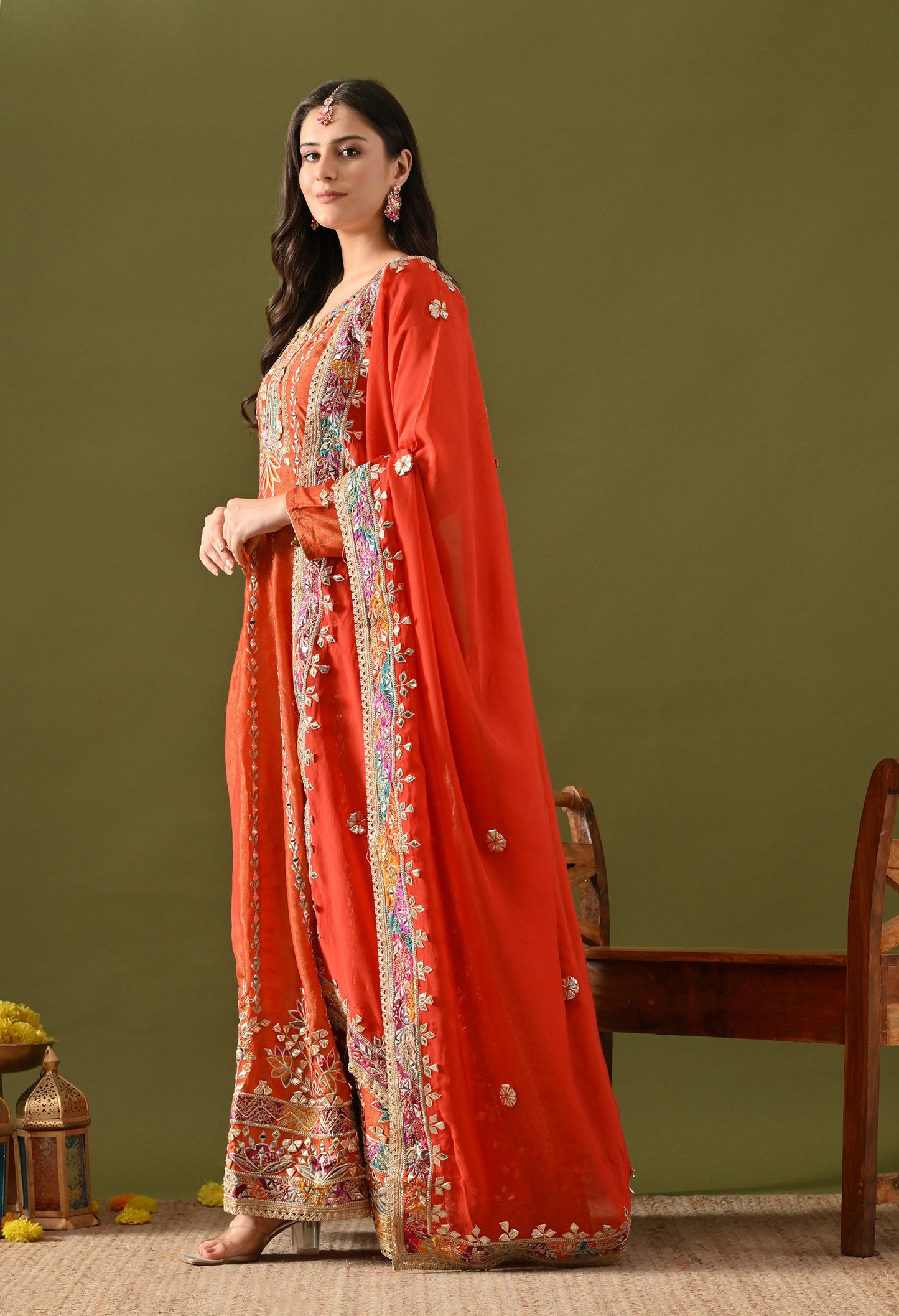 Orange Tissue Silk & Organza Gotta–Applique–Zardozi Anarkali Set