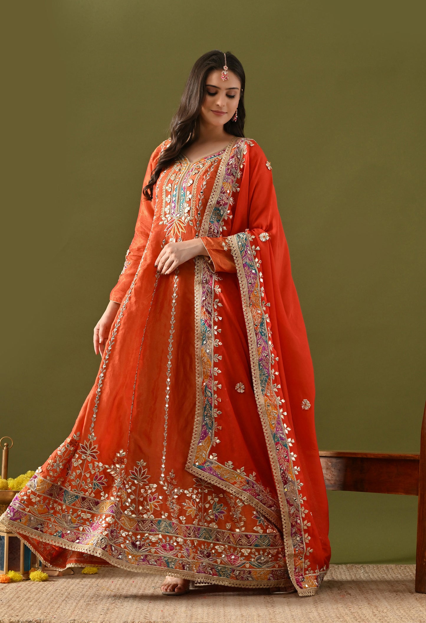 Orange Tissue Silk & Organza Gotta–Applique–Zardozi Anarkali Set