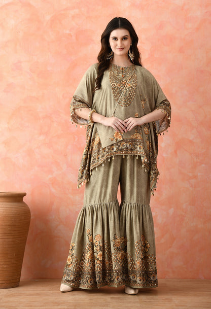 Pista Green Kaftaan Gharara with Mirror Work