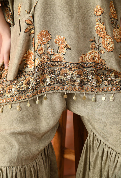Pista Green Kaftaan Gharara with Mirror Work