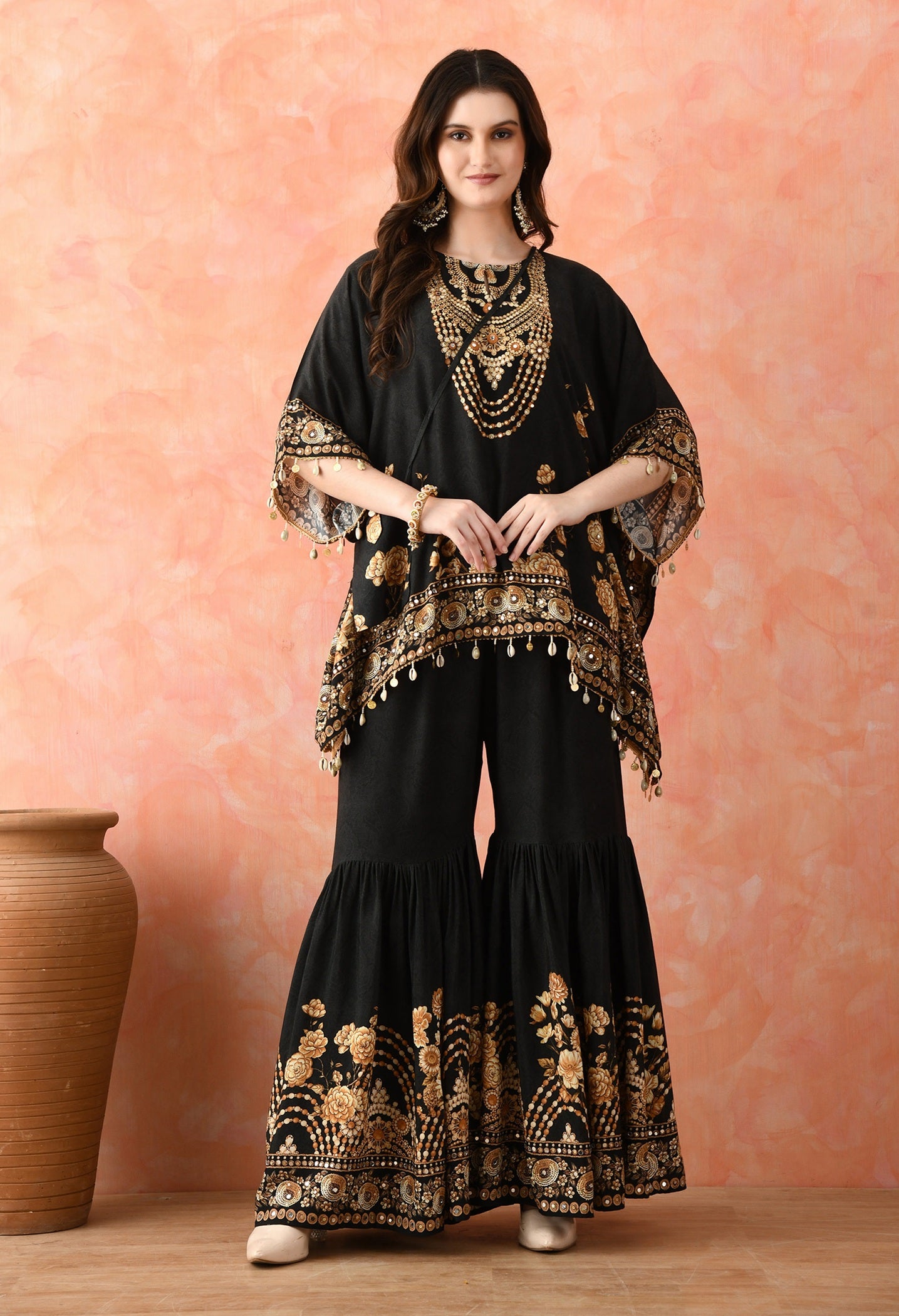Black Kaftaan Gharara Set with Mirror Work
