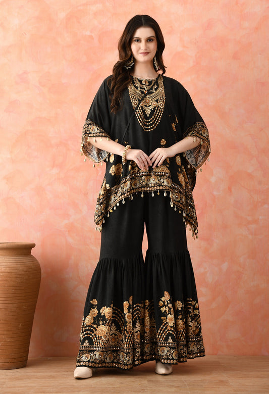Black Kaftaan Gharara Set with Mirror Work