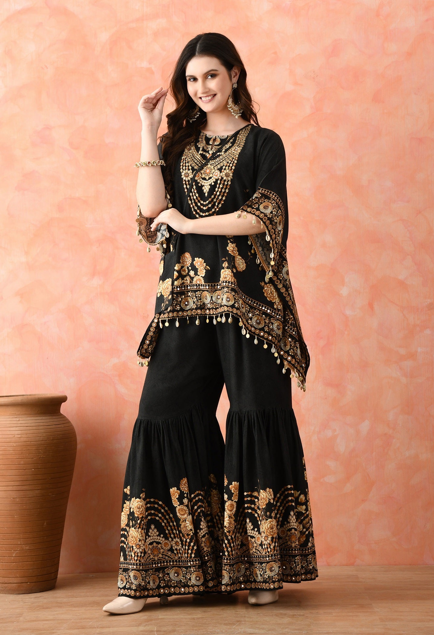 Black Kaftaan Gharara Set with Mirror Work
