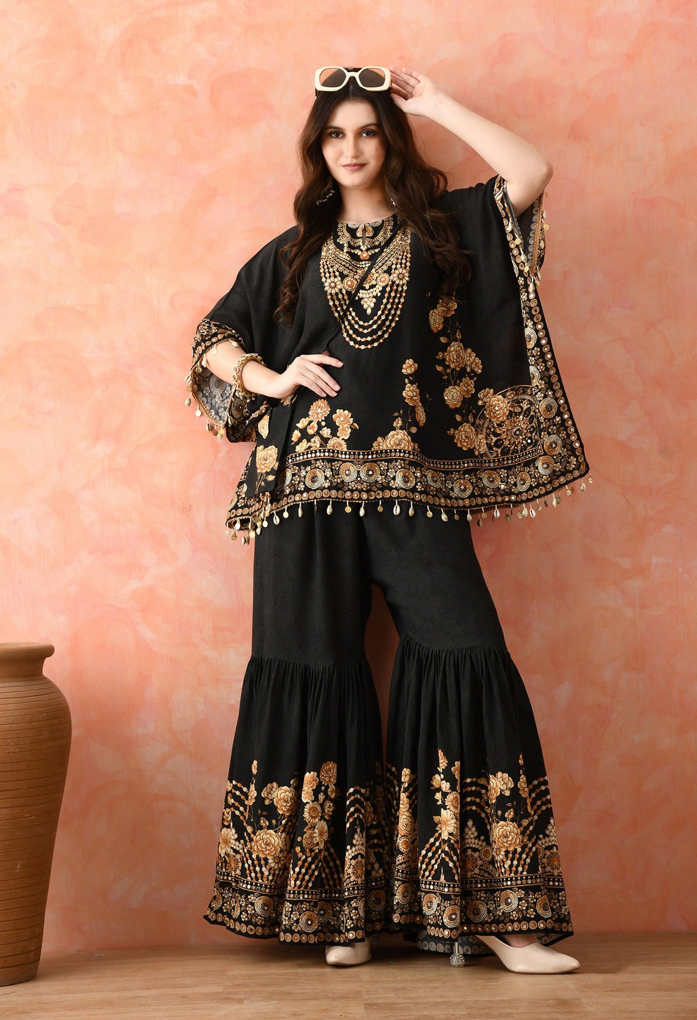 Black Kaftaan Gharara Set with Mirror Work