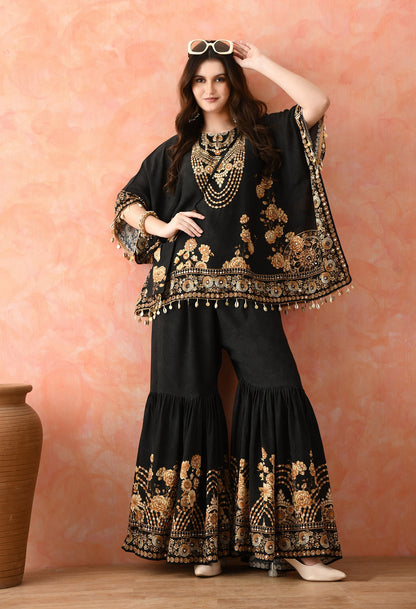Black Kaftaan Gharara Set with Mirror Work