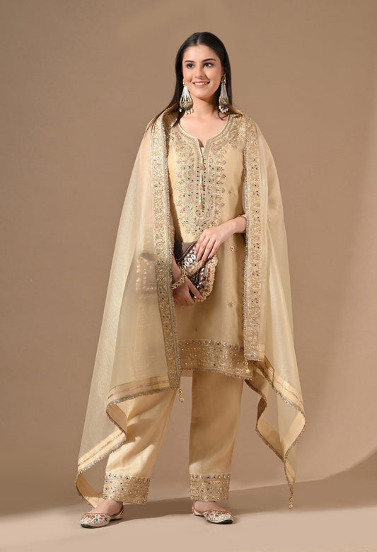Golden Crushed Tissue Kurta Set with Zardozi & Sequin Work