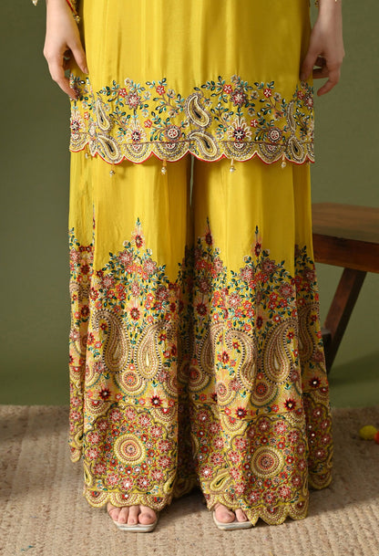 Yellow Sharara Set with Thread, Mirror, Crystal & Pearl Work.