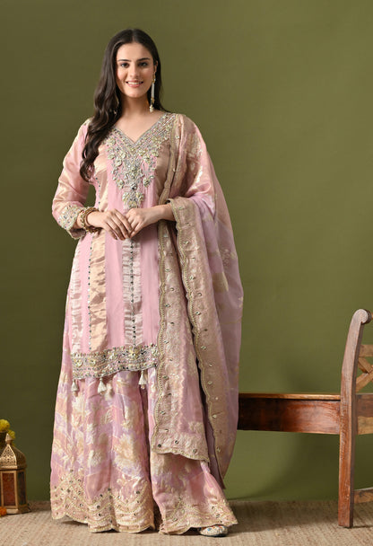Lavender Pink Organza & Banarasi Organza Gotta Work Sharara Set