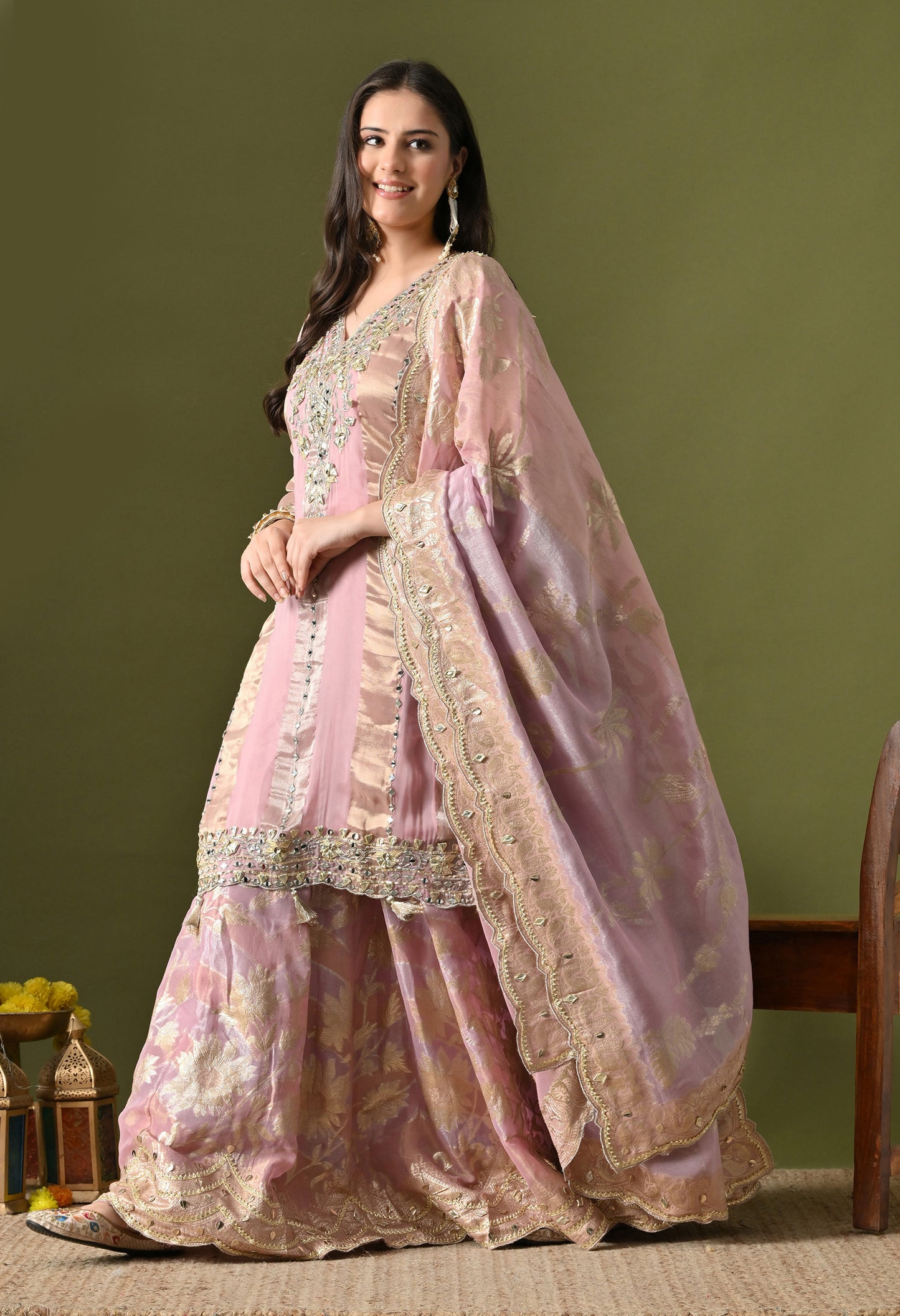 Lavender Pink Organza & Banarasi Organza Gotta Work Sharara Set