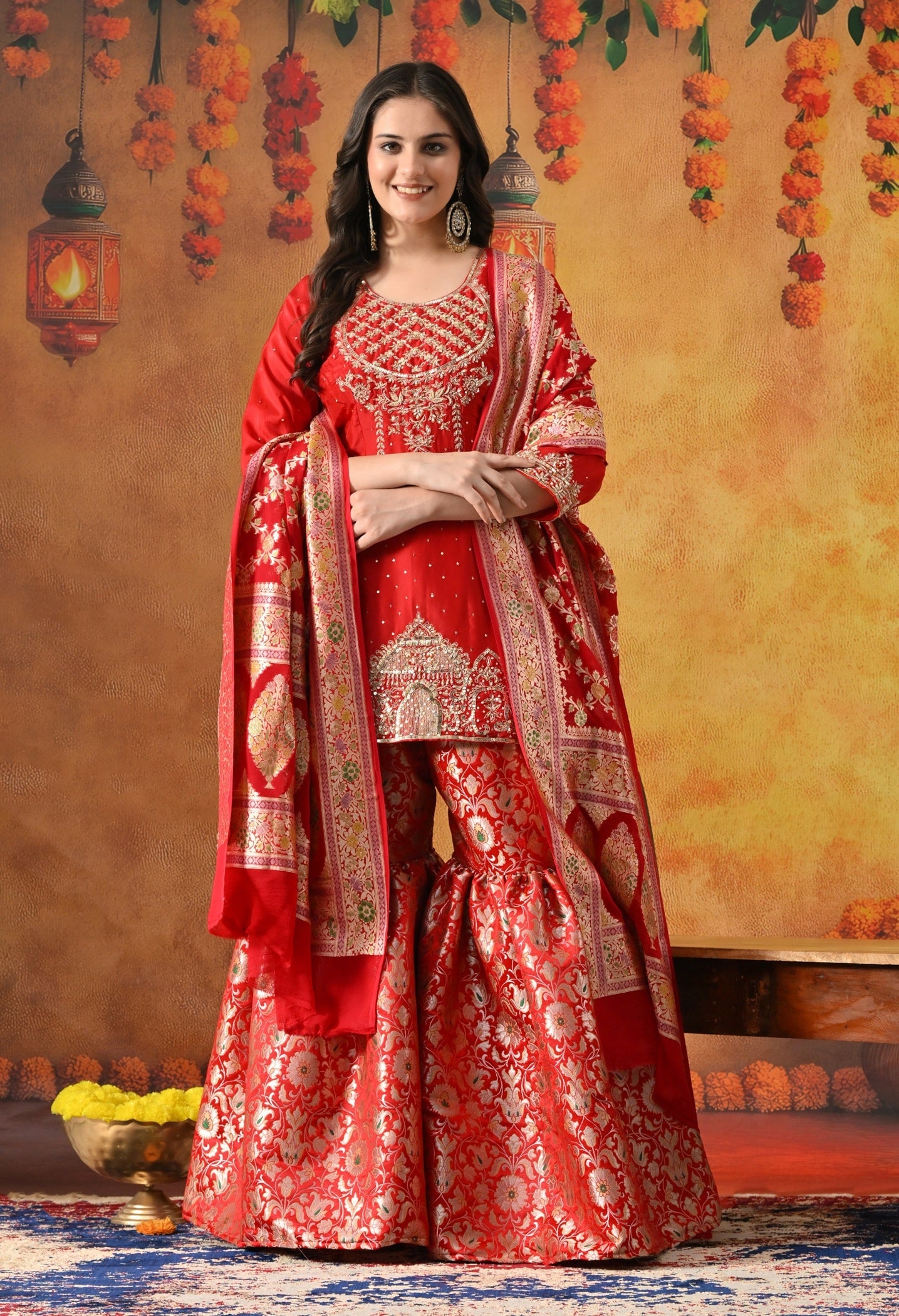 Red Sharara Set with Zardozi, Pearl, Sequin & Cutdana Work