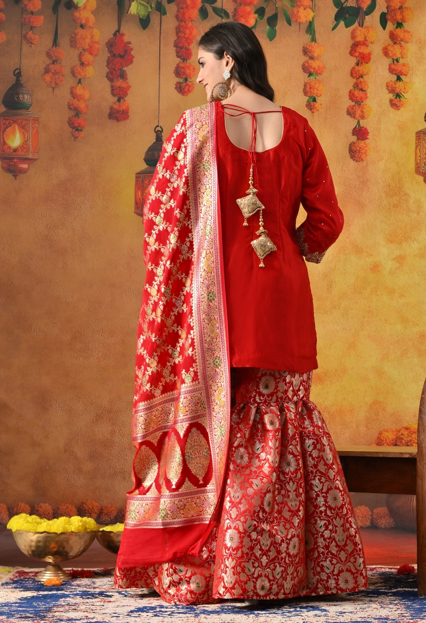 Red Sharara Set with Zardozi, Pearl, Sequin & Cutdana Work