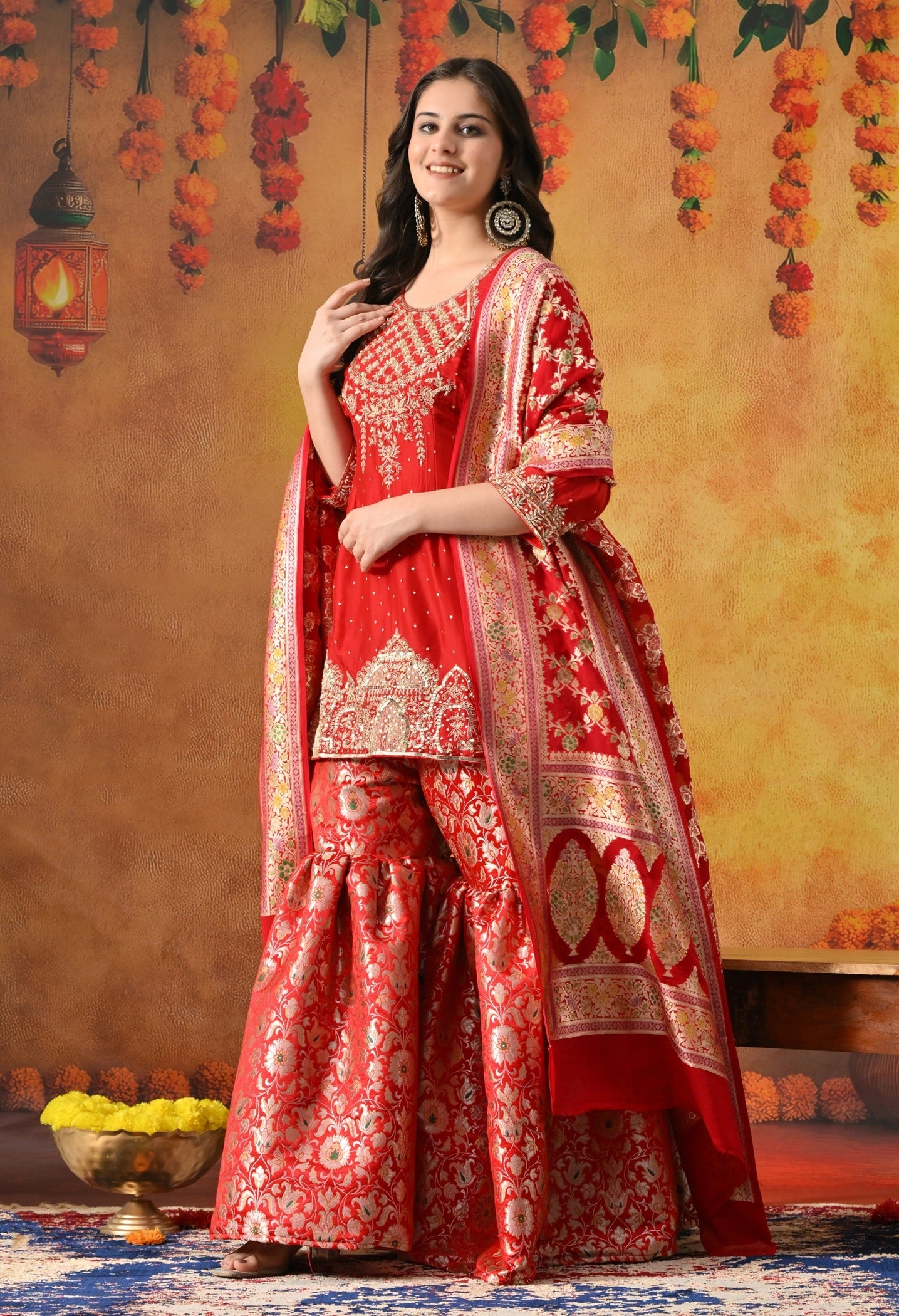Red Sharara Set with Zardozi, Pearl, Sequin & Cutdana Work