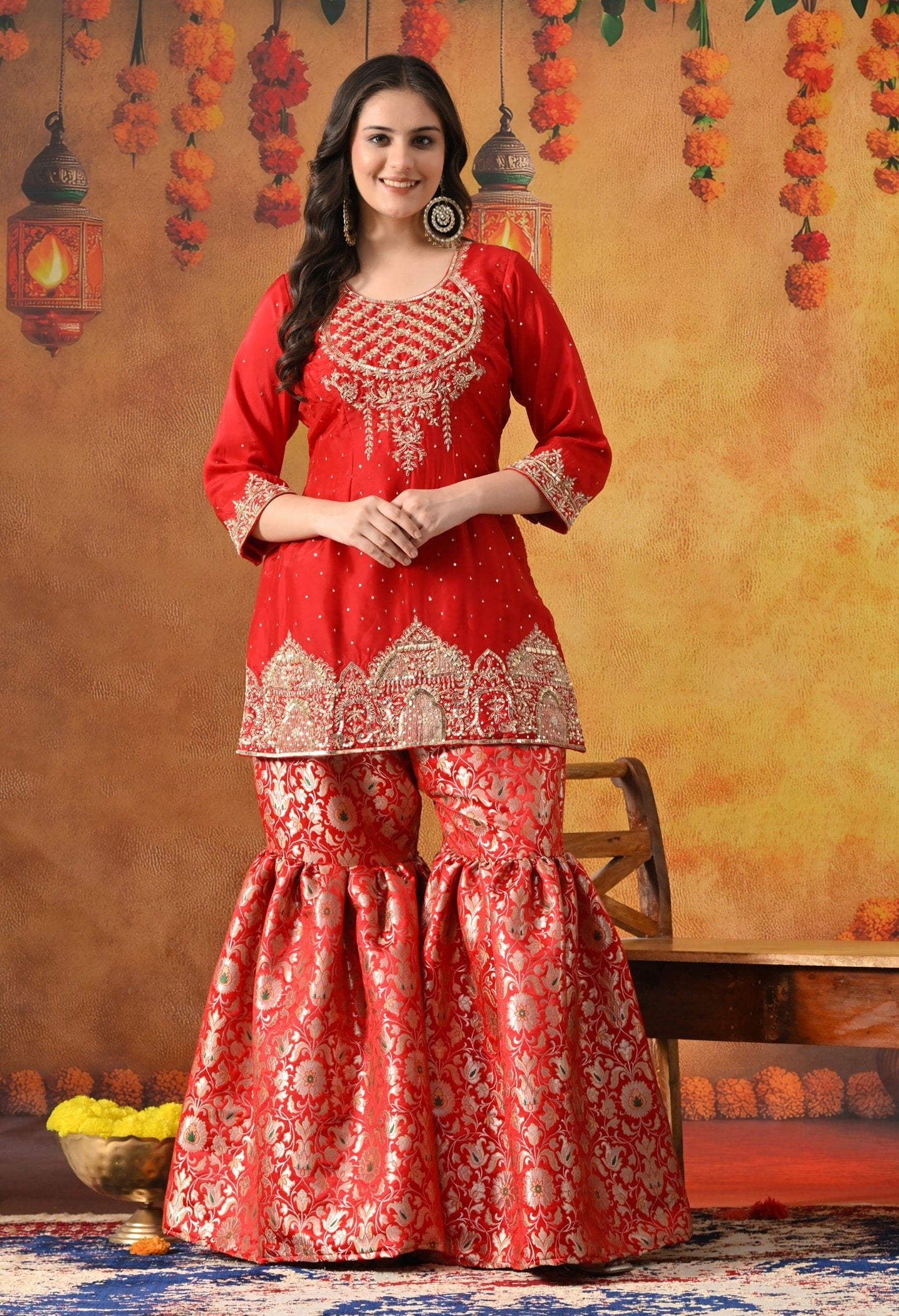 Red Sharara Set with Zardozi, Pearl, Sequin & Cutdana Work