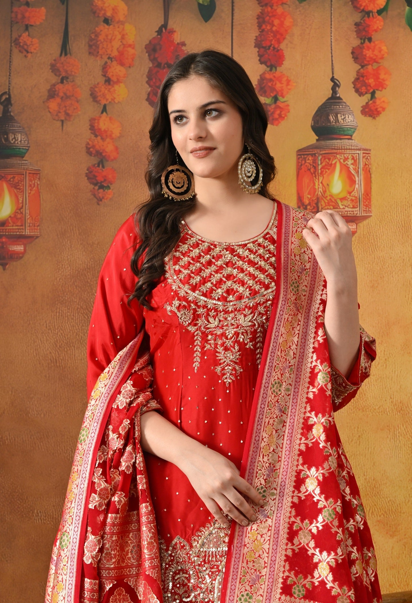 Red Sharara Set with Zardozi, Pearl, Sequin & Cutdana Work