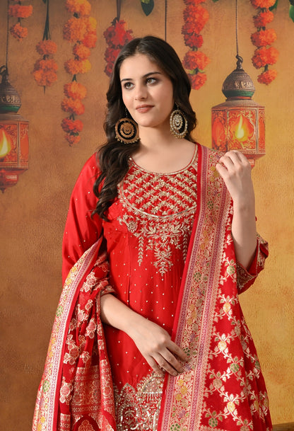 Red Sharara Set with Zardozi, Pearl, Sequin & Cutdana Work