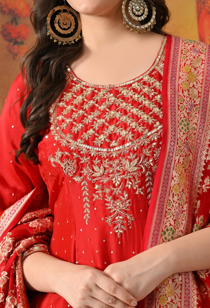 Red Sharara Set with Zardozi, Pearl, Sequin & Cutdana Work