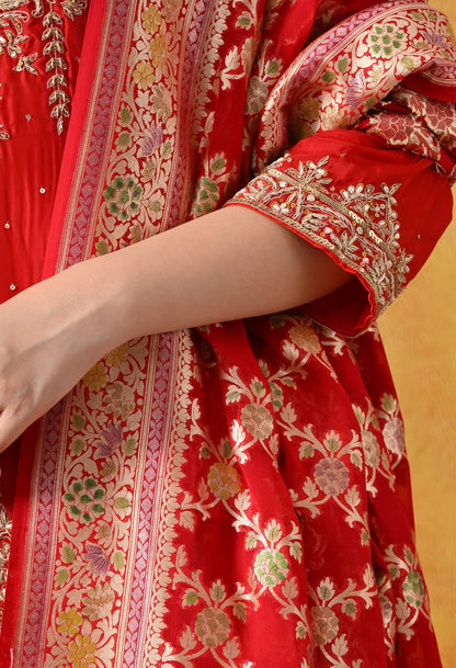 Red Sharara Set with Zardozi, Pearl, Sequin & Cutdana Work