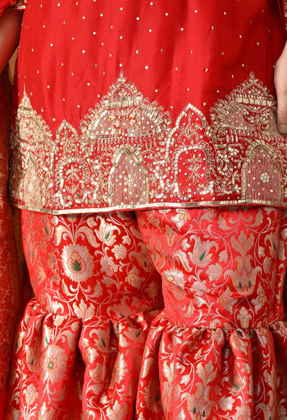 Red Sharara Set with Zardozi, Pearl, Sequin & Cutdana Work