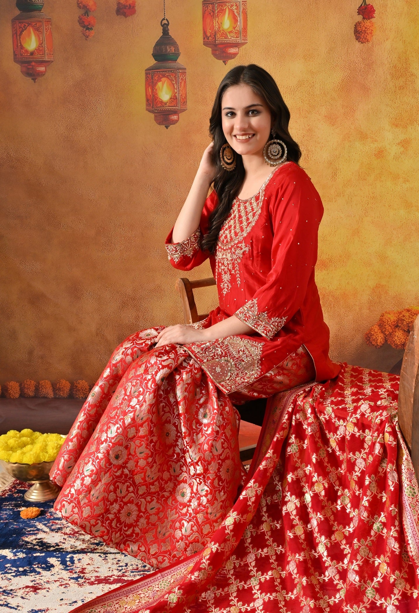 Red Sharara Set with Zardozi, Pearl, Sequin & Cutdana Work