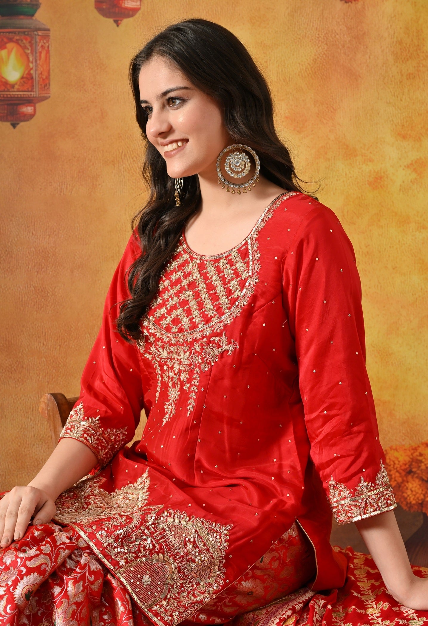 Red Sharara Set with Zardozi, Pearl, Sequin & Cutdana Work