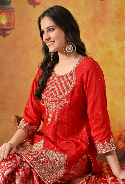 Red Sharara Set with Zardozi, Pearl, Sequin & Cutdana Work