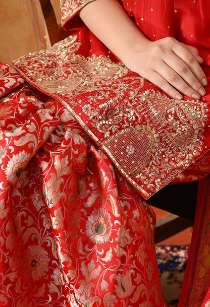 Red Sharara Set with Zardozi, Pearl, Sequin & Cutdana Work