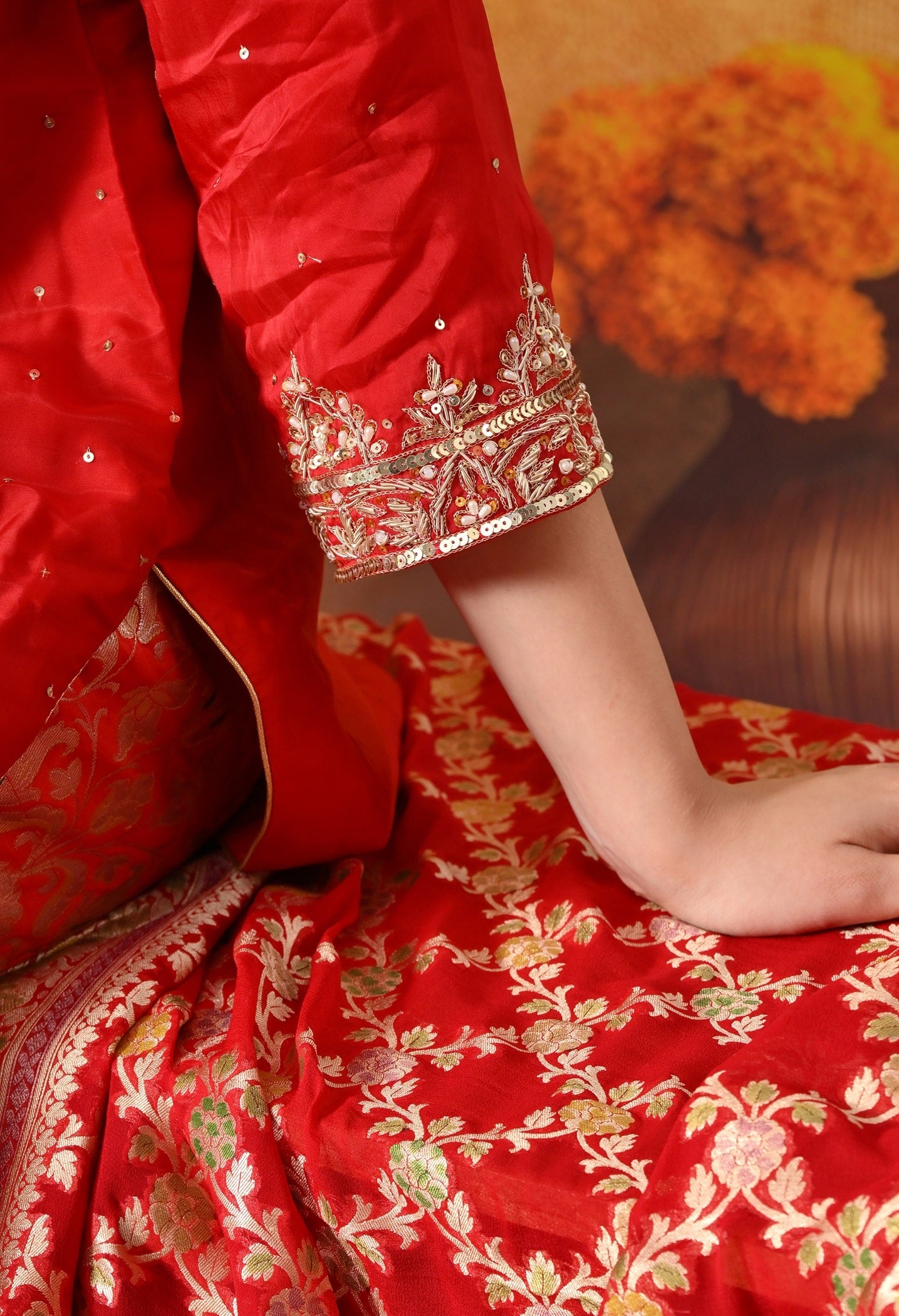 Red Sharara Set with Zardozi, Pearl, Sequin & Cutdana Work