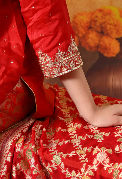 Red Sharara Set with Zardozi, Pearl, Sequin & Cutdana Work