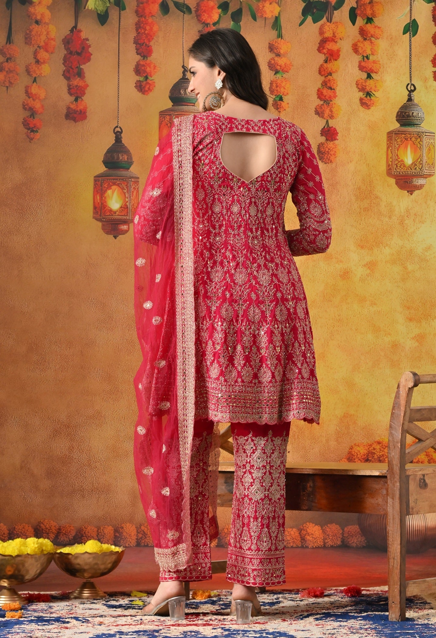 Hot Pink Kurta Set with Zardozi, Mirror & Pearl Work.