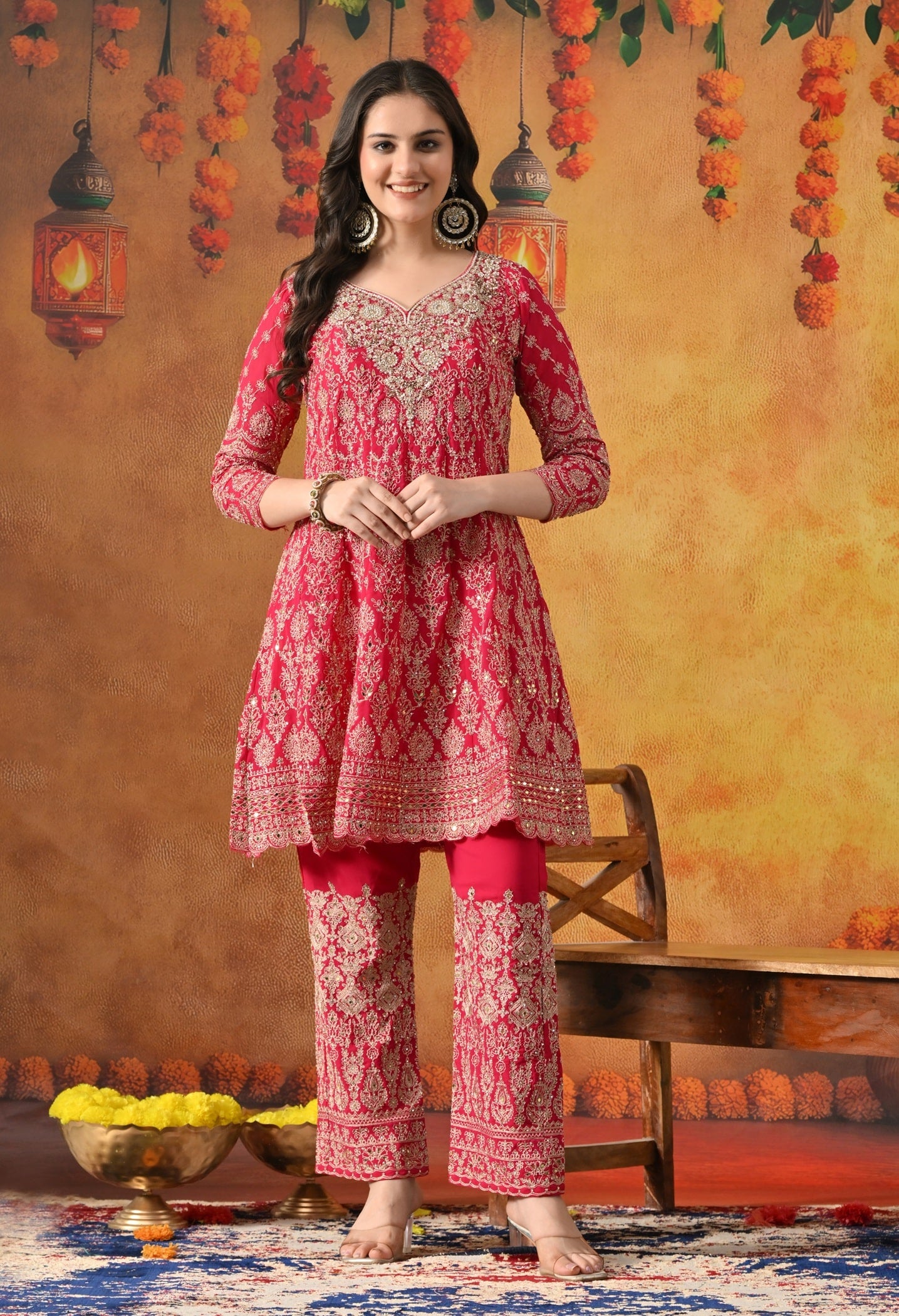 Hot Pink Kurta Set with Zardozi, Mirror & Pearl Work.
