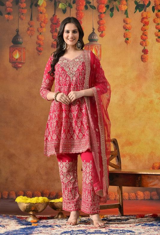 Hot Pink Kurta Set with Zardozi, Mirror & Pearl Work.