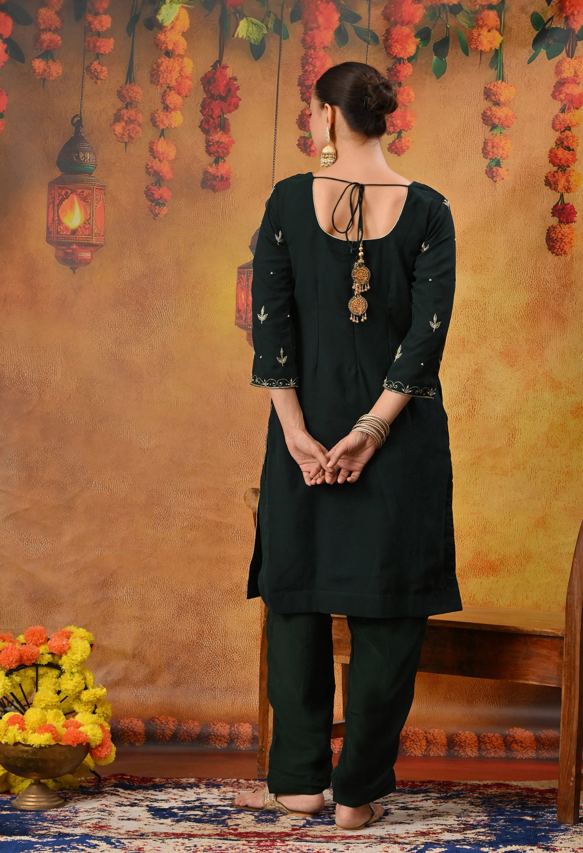 Bottle Green Kurta Set with Zardozi, Dabka, Sequin, Thread, and Pearl Work