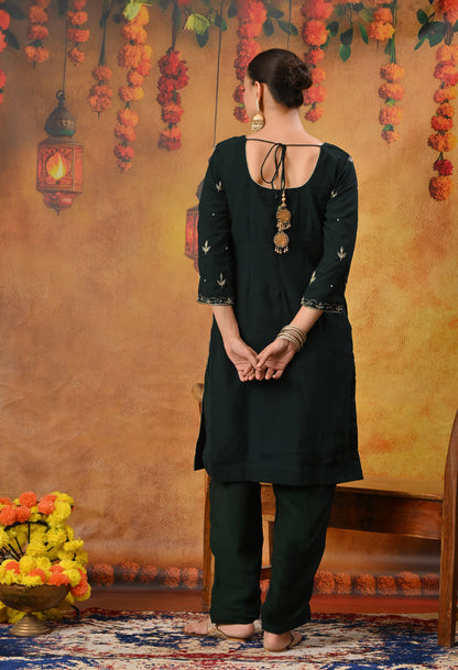 Bottle Green Kurta Set with Zardozi, Dabka, Sequin, Thread, and Pearl Work