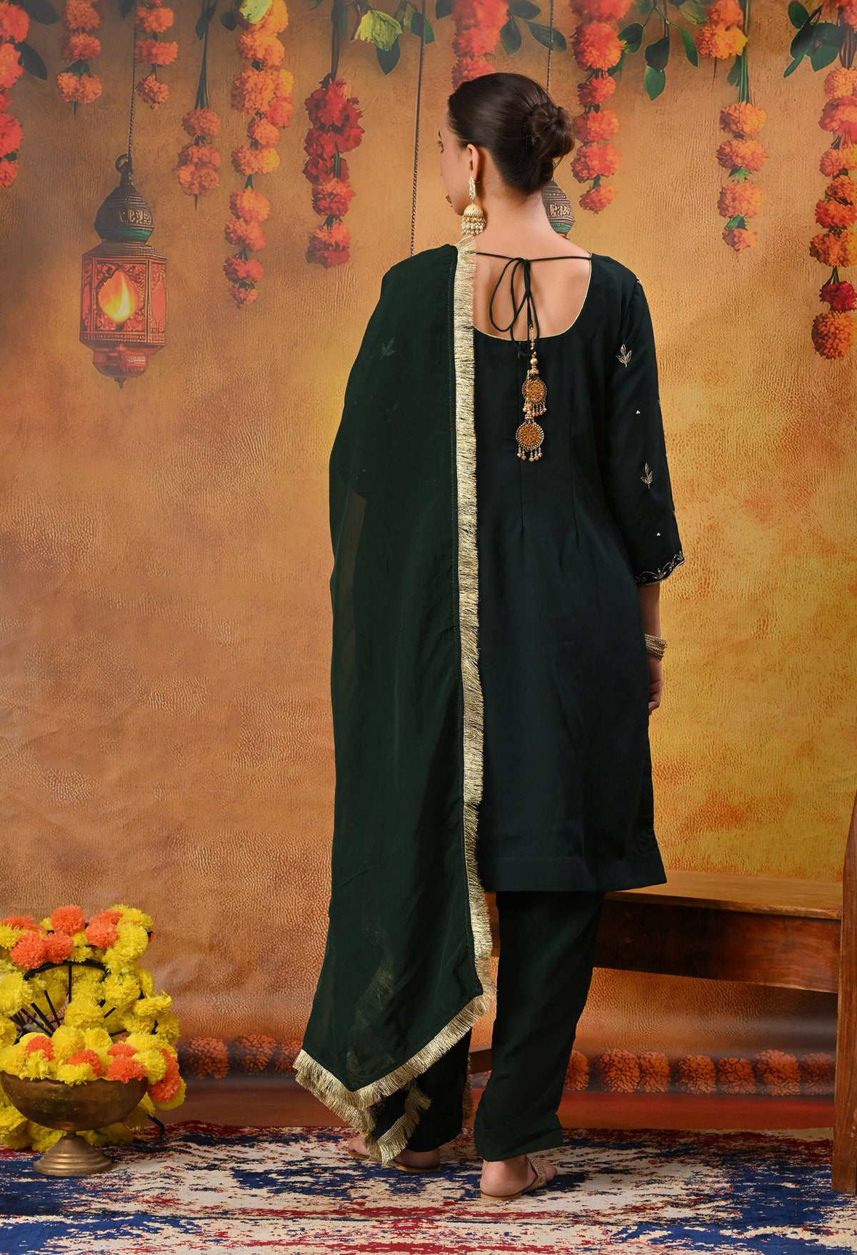 Bottle Green Kurta Set with Zardozi, Dabka, Sequin, Thread, and Pearl Work