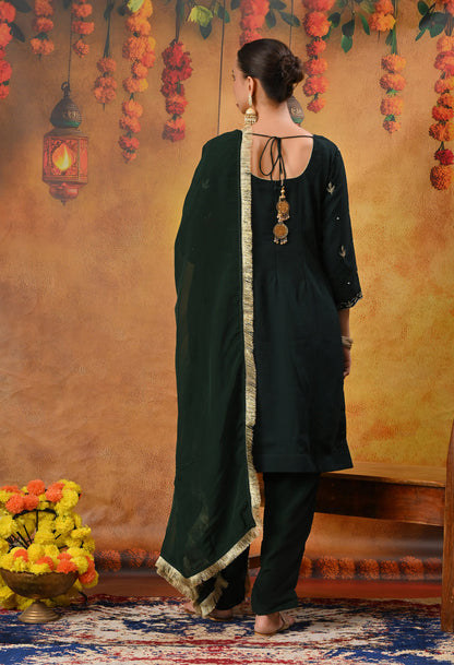 Bottle Green Kurta Set with Zardozi, Dabka, Sequin, Thread, and Pearl Work